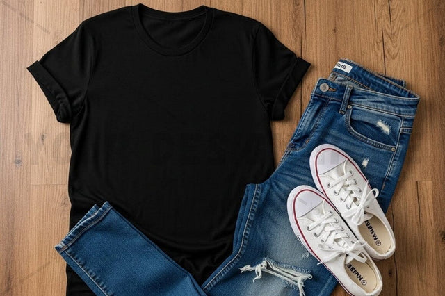 Casual black t-shirt with jeans and sneakers outfit Mock Up Photo Regulrcrative 