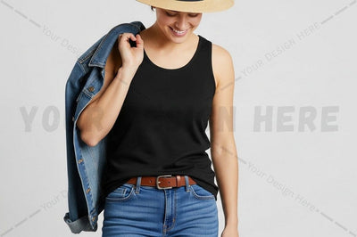 Casual black tank top with denim jacket and straw hat Mock Up Photo Regulrcrative 