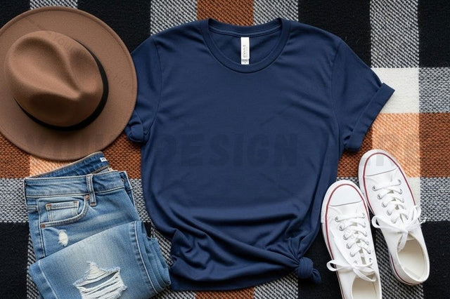 Casual blue t-shirt outfit with accessories Mock Up Photo Designangry 