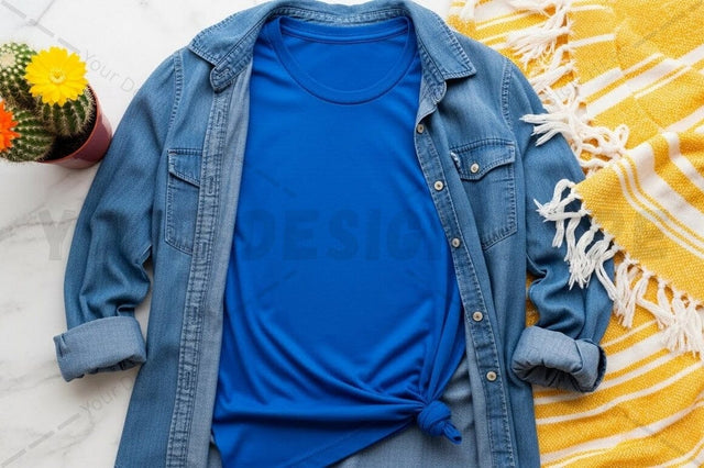 Casual blue t-shirt with denim jacket Mock Up Photo Regulrcrative 