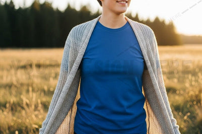 Casual blue t-shirt with gray cardigan Mock Up Photo Designangry 