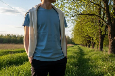 Casual blue t-shirt with hoodie in nature Mock Up Photo Designangry 