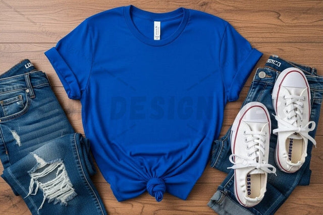Casual blue t-shirt with jeans and sneakers outfit Mock Up Photo Regulrcrative 