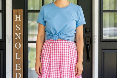 Casual blue t-shirt with pink plaid skirt Mock Up Photo Designangry 