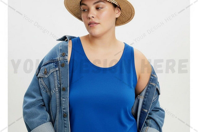 Casual blue tank top with denim jacket and straw hat Mock Up Photo Regulrcrative 