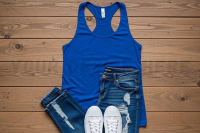Casual blue tank top with denim jeans and white sneakers outfit Mock Up Photo Regulrcrative 