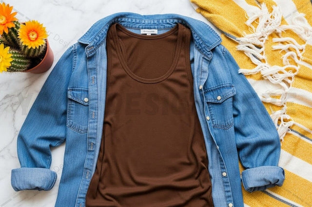 Casual brown t-shirt with denim jacket Mock Up Photo Regulrcrative 