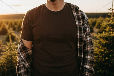 Casual brown t-shirt with plaid shirt Mock Up Photo Designangry 