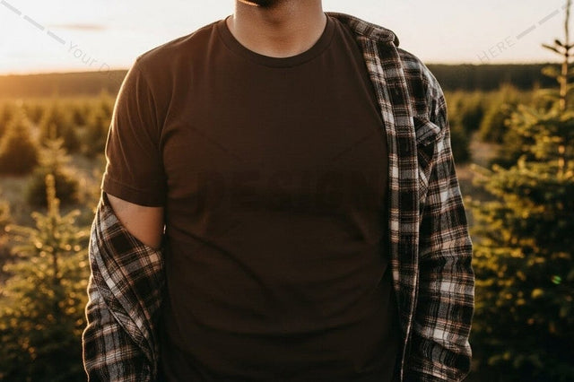 Casual brown t-shirt with plaid shirt Mock Up Photo Designangry 