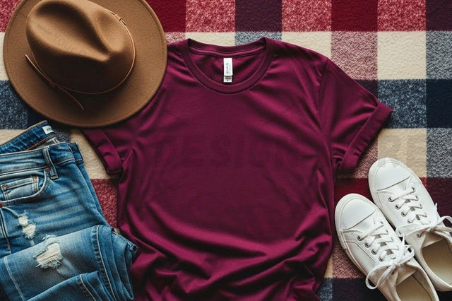 Casual burgundy t-shirt with denim and accessories Mock Up Photo Designangry 