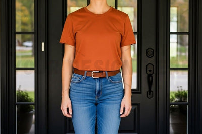 Casual burnt orange t-shirt with blue jeans Mock Up Photo Designangry 