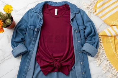 Casual denim jacket with burgundy t-shirt Mock Up Photo Regulrcrative 
