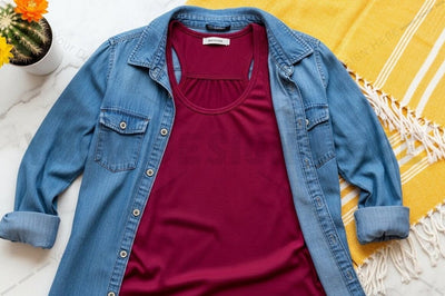 Casual denim jacket with maroon t-shirt Mock Up Photo Regulrcrative 