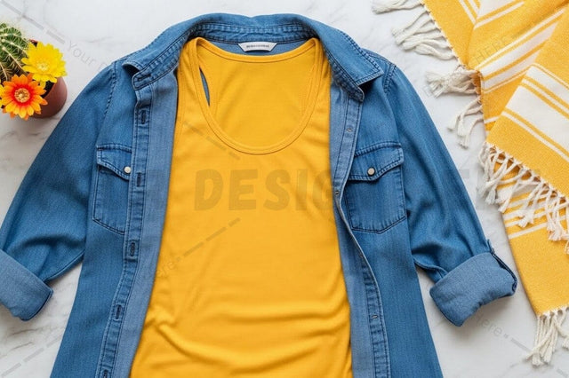 Casual denim jacket with mustard yellow t-shirt Mock Up Photo Regulrcrative 