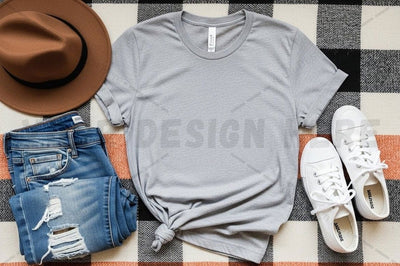 Casual gray t-shirt with jeans and sneakers outfit Mock Up Photo Designangry 