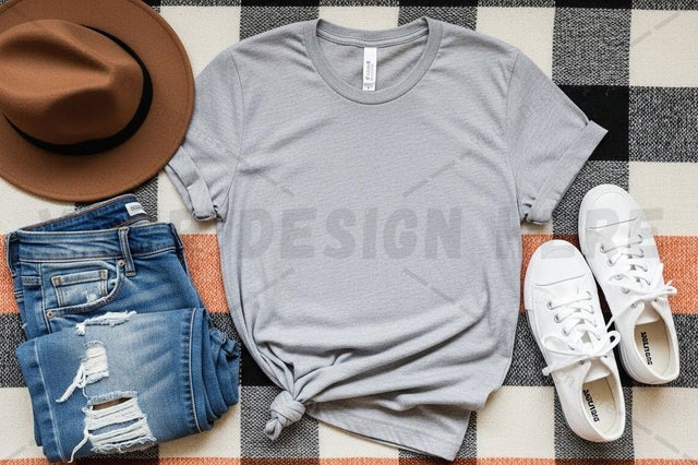 Casual gray t-shirt with jeans and sneakers outfit Mock Up Photo Designangry 