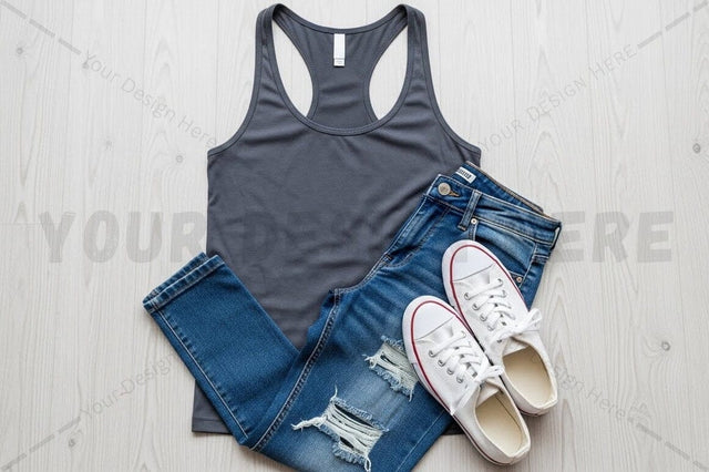 Casual gray tank top with distressed blue jeans and white sneakers outfit Mock Up Photo Regulrcrative 