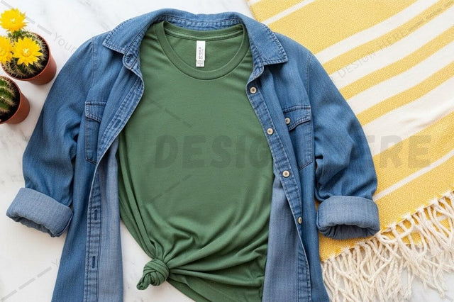 Casual green t-shirt with denim jacket Mock Up Photo Regulrcrative 
