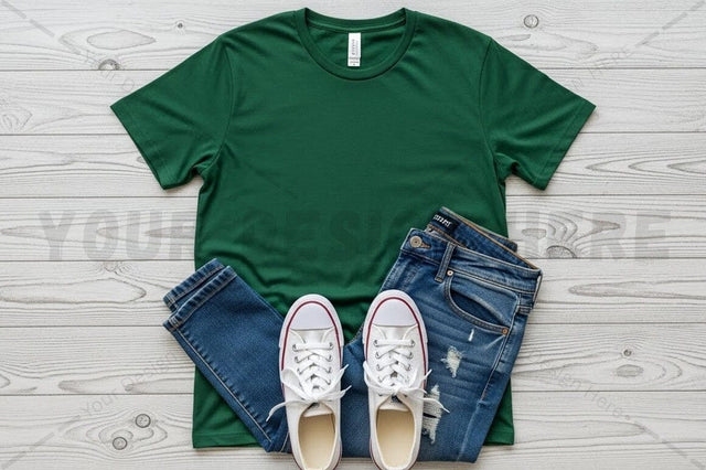 Casual green t-shirt with jeans and sneakers outfit Mock Up Photo Regulrcrative 