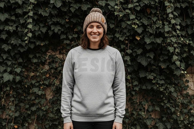Casual grey sweatshirt with knitted beanie Mock Up Photo Designangry 