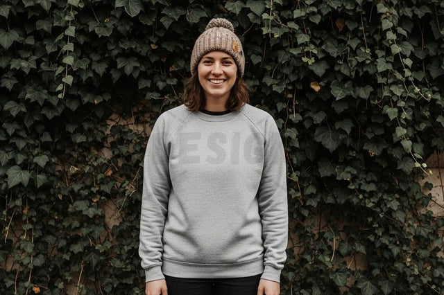 Casual grey sweatshirt with knitted beanie Mock Up Photo Designangry 