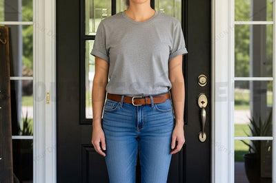Casual grey t-shirt and blue jeans outfit Mock Up Photo Designangry 