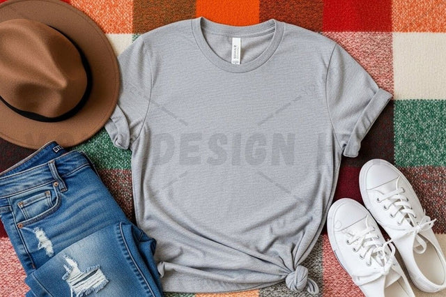 Casual grey t-shirt mockup with accessories Mock Up Photo Designangry 