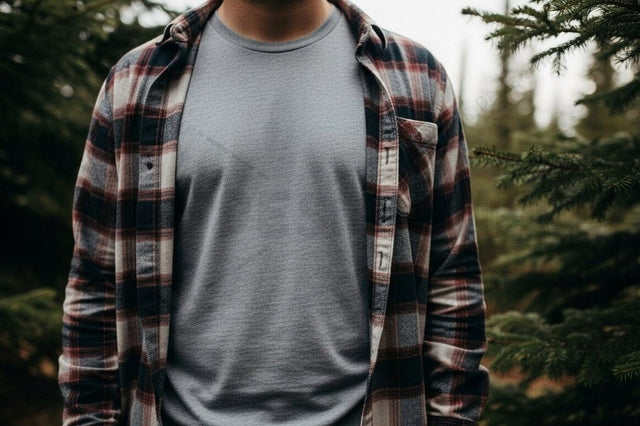 Casual grey t-shirt under plaid shirt Mock Up Photo Designangry 