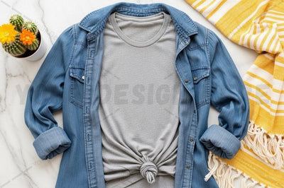 Casual grey t-shirt with denim jacket Mock Up Photo Regulrcrative 