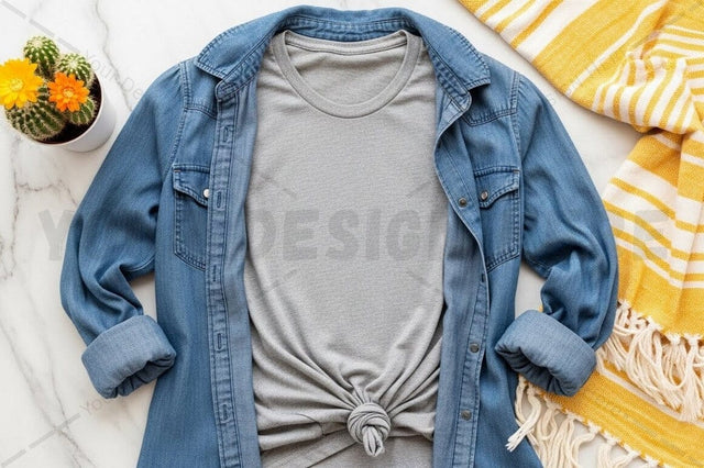 Casual grey t-shirt with denim jacket Mock Up Photo Regulrcrative 