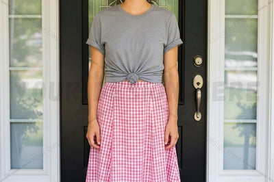 Casual grey t-shirt with red gingham skirt Mock Up Photo Designangry 