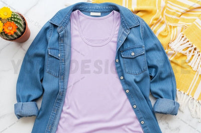 Casual lavender t-shirt with denim jacket Mock Up Photo Regulrcrative 