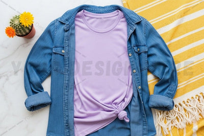 Casual lavender t-shirt with denim jacket Mock Up Photo Regulrcrative 