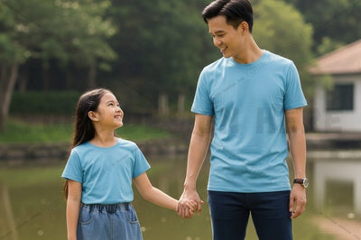 Casual light blue t-shirt for men and kids Mock Up Photo Regulrcrative 