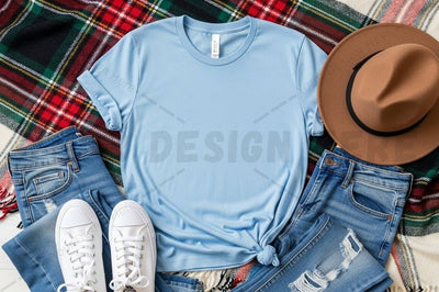 Casual light blue t-shirt with denim and accessories Mock Up Photo Designangry 