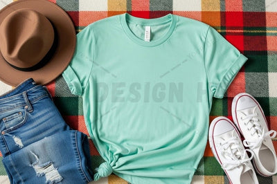 Casual mint green t-shirt with jeans and accessories Mock Up Photo Designangry 