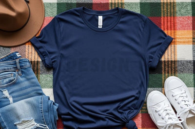 Casual navy blue t-shirt with denim and accessories Mock Up Photo Designangry 