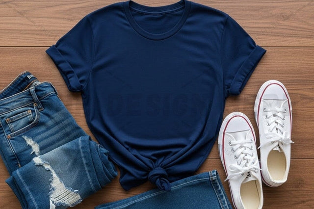 Casual navy blue t-shirt with distressed jeans and white sneakers outfit Mock Up Photo Regulrcrative 