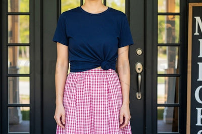 Casual navy blue t-shirt with plaid skirt Mock Up Photo Designangry 