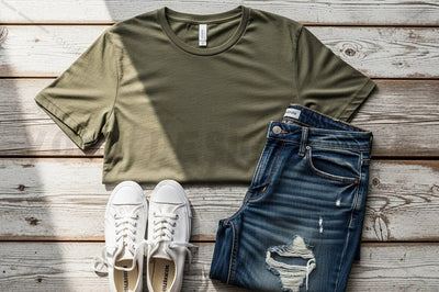 Casual olive green t-shirt with distressed jeans and white sneakers Mock Up Photo Regulrcrative 