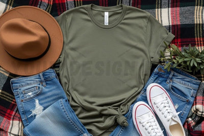 Casual olive green t-shirt with plaid shirt and accessories Mock Up Photo Designangry 