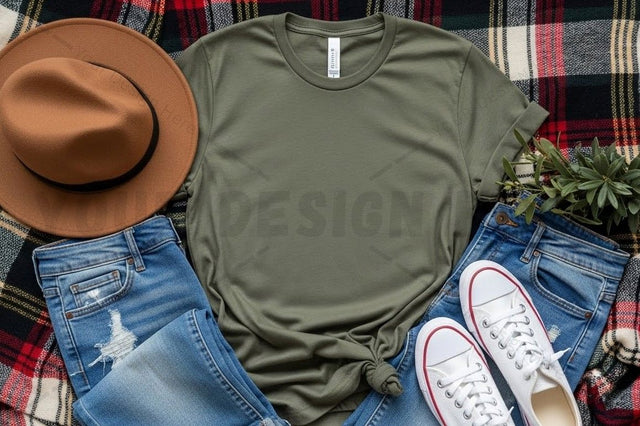 Casual olive green t-shirt with plaid shirt and accessories Mock Up Photo Designangry 