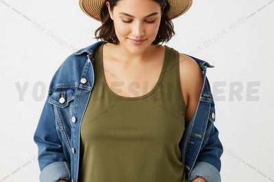 Casual olive green tank top with denim jacket Mock Up Photo Regulrcrative 