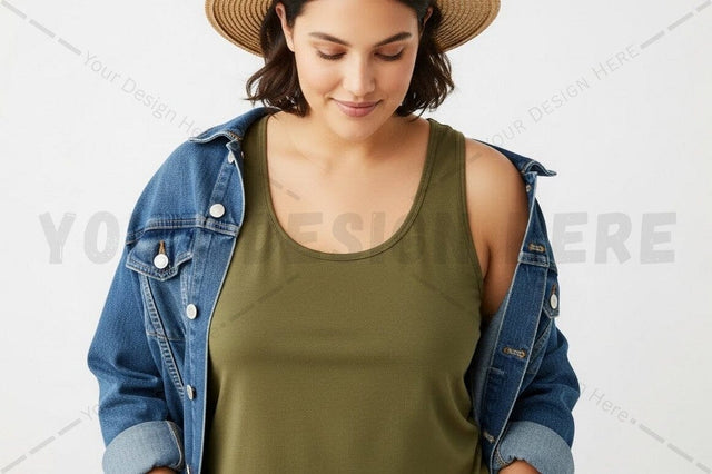 Casual olive green tank top with denim jacket Mock Up Photo Regulrcrative 