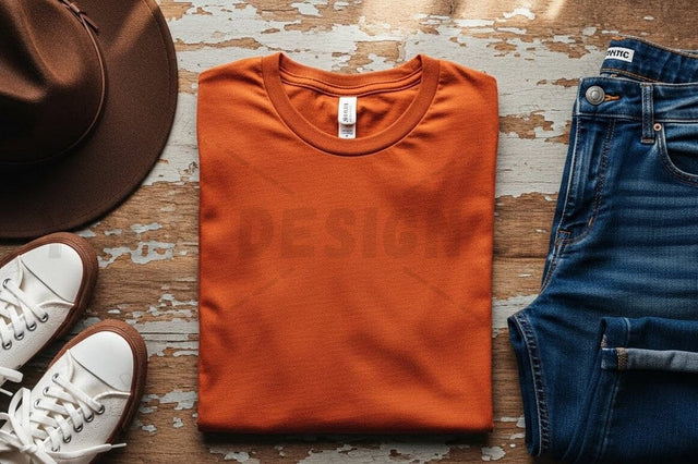 Casual orange t-shirt mockup with accessories Mock Up Photo Regulrcrative 