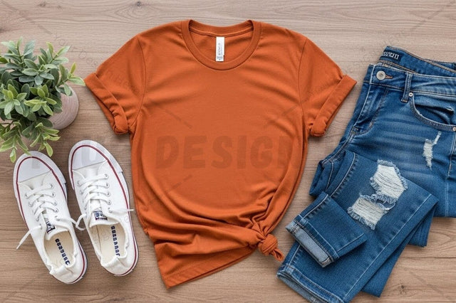 Casual orange t-shirt with distressed jeans and sneakers Mock Up Photo Regulrcrative 