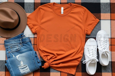 Casual orange t-shirt with distressed jeans and white sneakers Mock Up Photo Designangry 