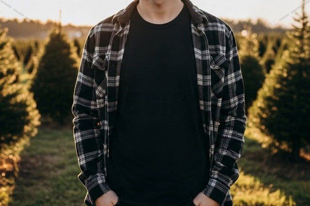 Casual outdoor t-shirt and plaid shirt combo Mock Up Photo Designangry 