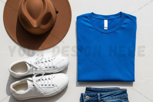 Casual outfit essentials: blue t-shirt, brown hat, white sneakers, and blue jeans Mock Up Photo Regulrcrative 