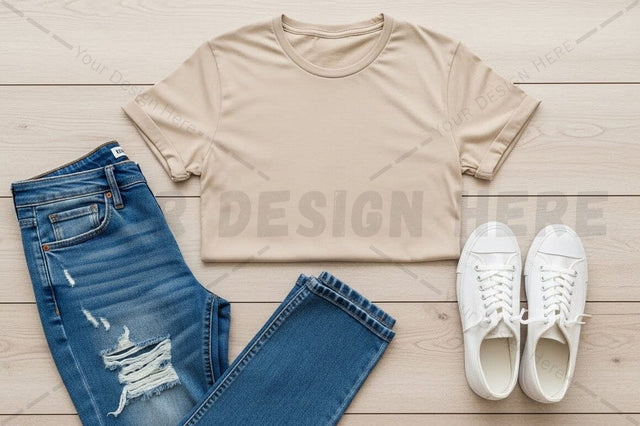 Casual outfit with beige t-shirt, ripped jeans, and white sneakers Mock Up Photo Regulrcrative 